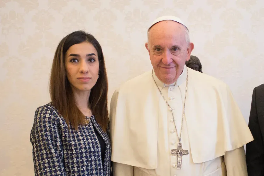 Nobel Peace Prize winner Nadia Murad meets with Pope Francis at the Vatican on Dec. 20, 2018. Vatican Media.
